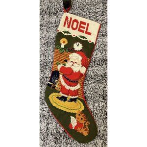 Vintage Noel Santa Cat Needlepoint Christmas‎ Holiday Stocking Lined Wool Cotton